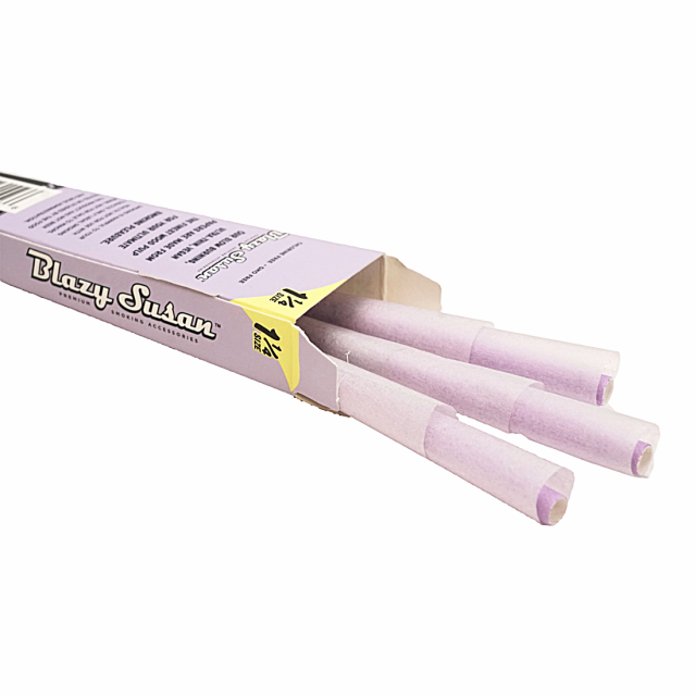 Pack of Blazy Susan Purple 1-1/4 Inch Pre Rolled Cones, perfect for stylish smoking sessions.