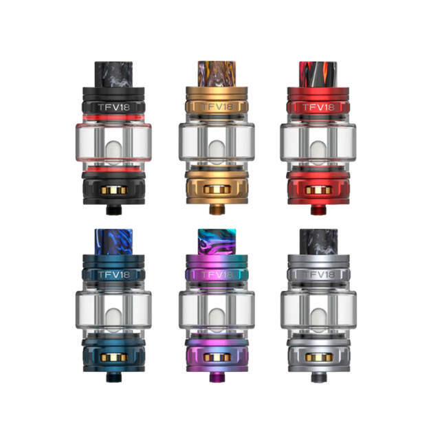 Image of the TFV18 Sub Ohm Vape Tank by Smok, showcasing its design and coil structure.